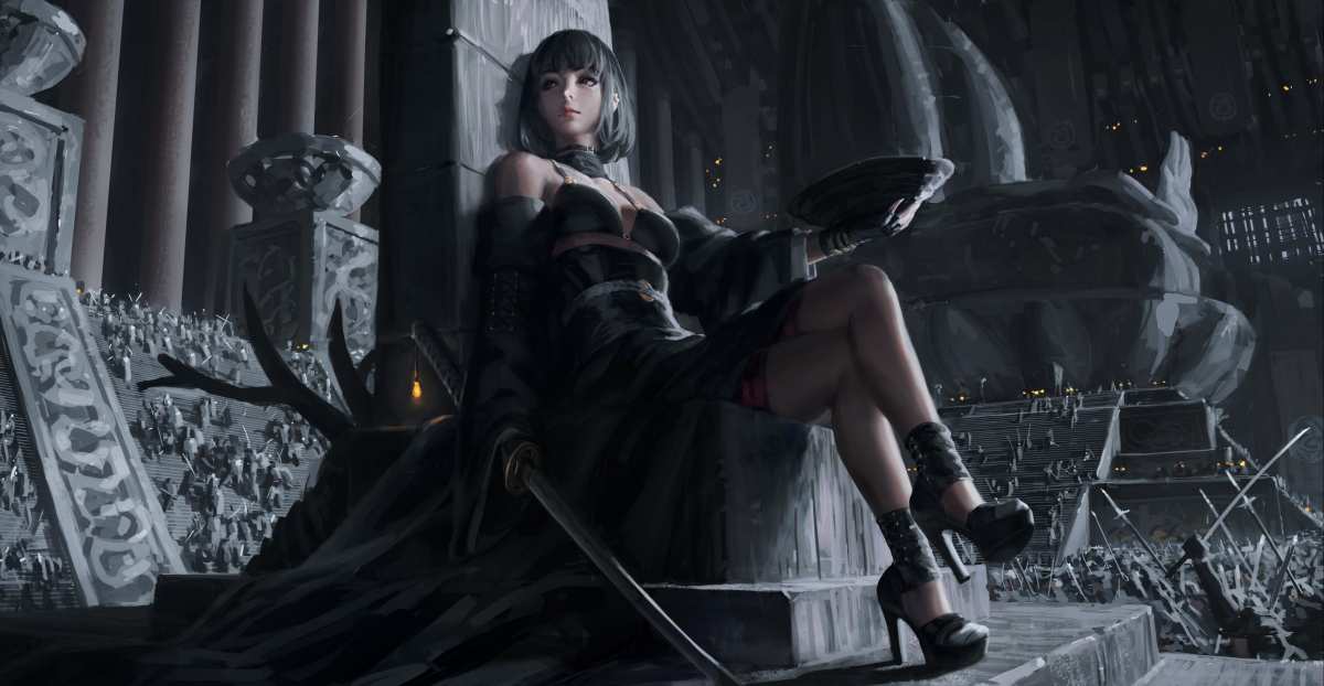 女孩 吊带裙 高跟鞋 战士 武士刀 宝座 士兵 幻想艺术绘画4k动漫壁纸